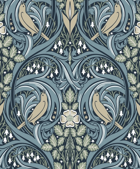 Bird Scroll - Navy & Beige Wallcovering | Malibu Wallpaper