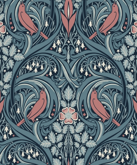 Bird Scroll - Aegean Teal & Coral Wallcovering | Malibu Wallpaper