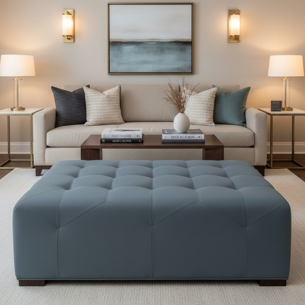 Smooth Solid Color Slate Blue Upholstered Ottoman | Architectural Fabrics