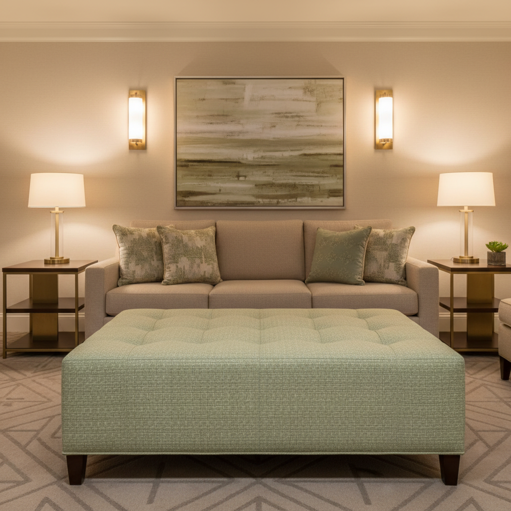 Woven Basketweave Texture Soft Celery Upholstered Ottoman | Architectural Fabrics