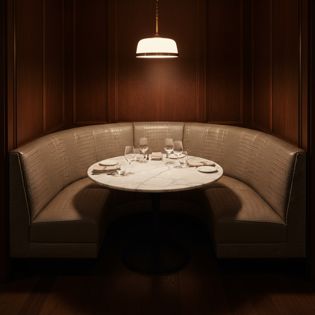 Embossed Reptile Scale Mushroom Taupe Upholstered Banquette | Architectural Fabrics