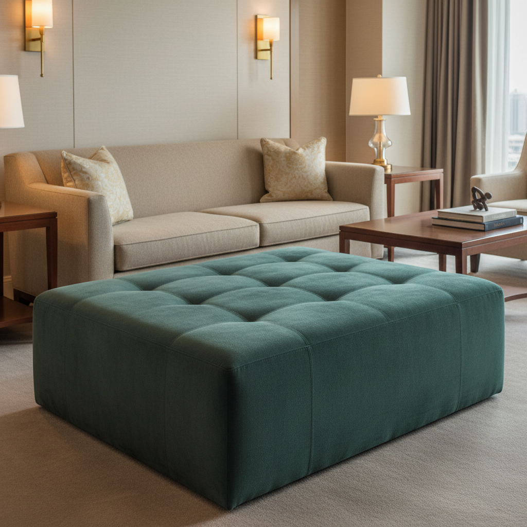 Ultrasuede  Mystic  Green, Grey Upholstered Ottoman | Ultrasuede Upholstery