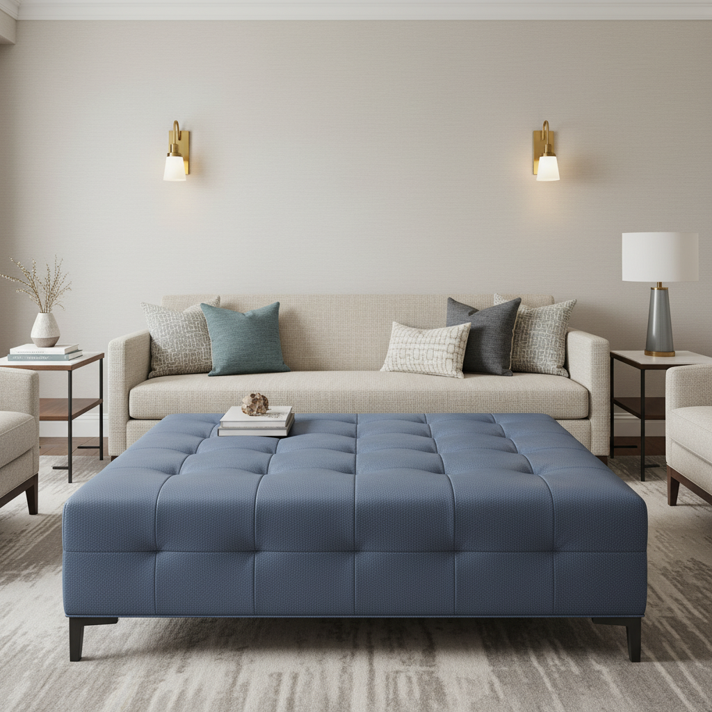 Algiers - Denim Blue Performance Vinyl Upholstered Ottoman | Architectural Fabrics