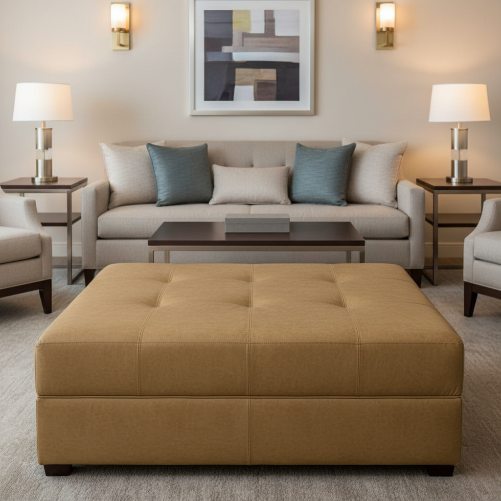 Fine Pebble Grain Golden Tan Upholstered Ottoman | Architectural Fabrics