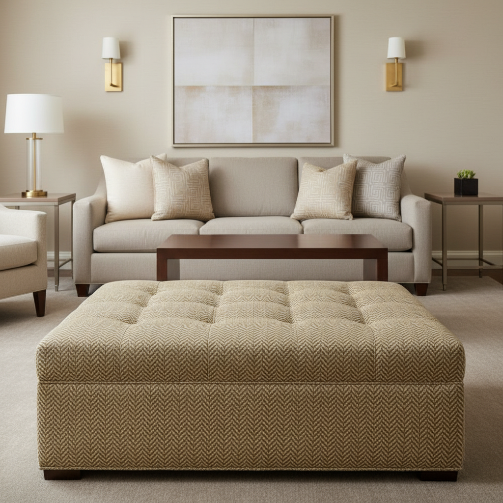 Woven Chevron Pattern Neutral Beige Upholstered Ottoman | Architectural Fabrics