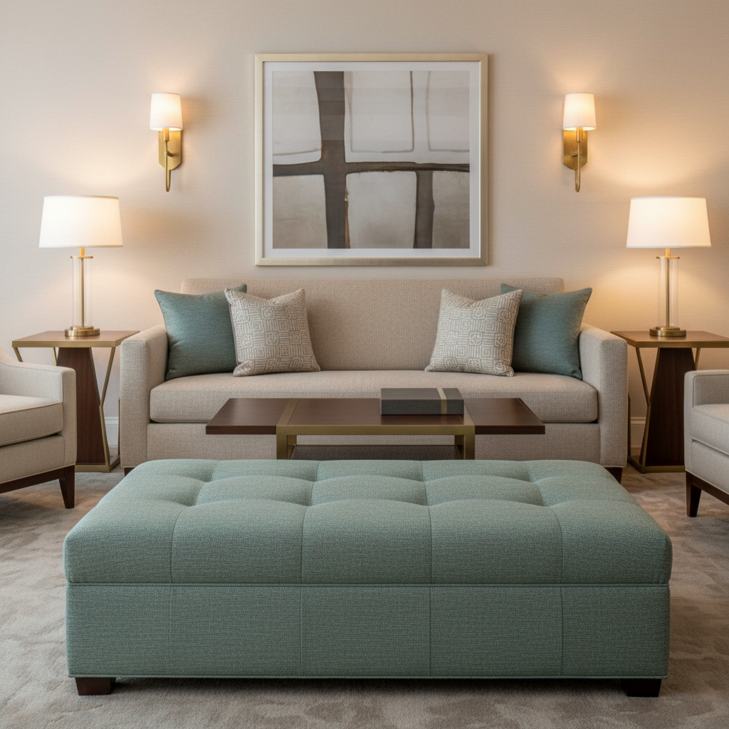 Fine Textured Weave Seafoam Green Upholstered Ottoman | Architectural Fabrics