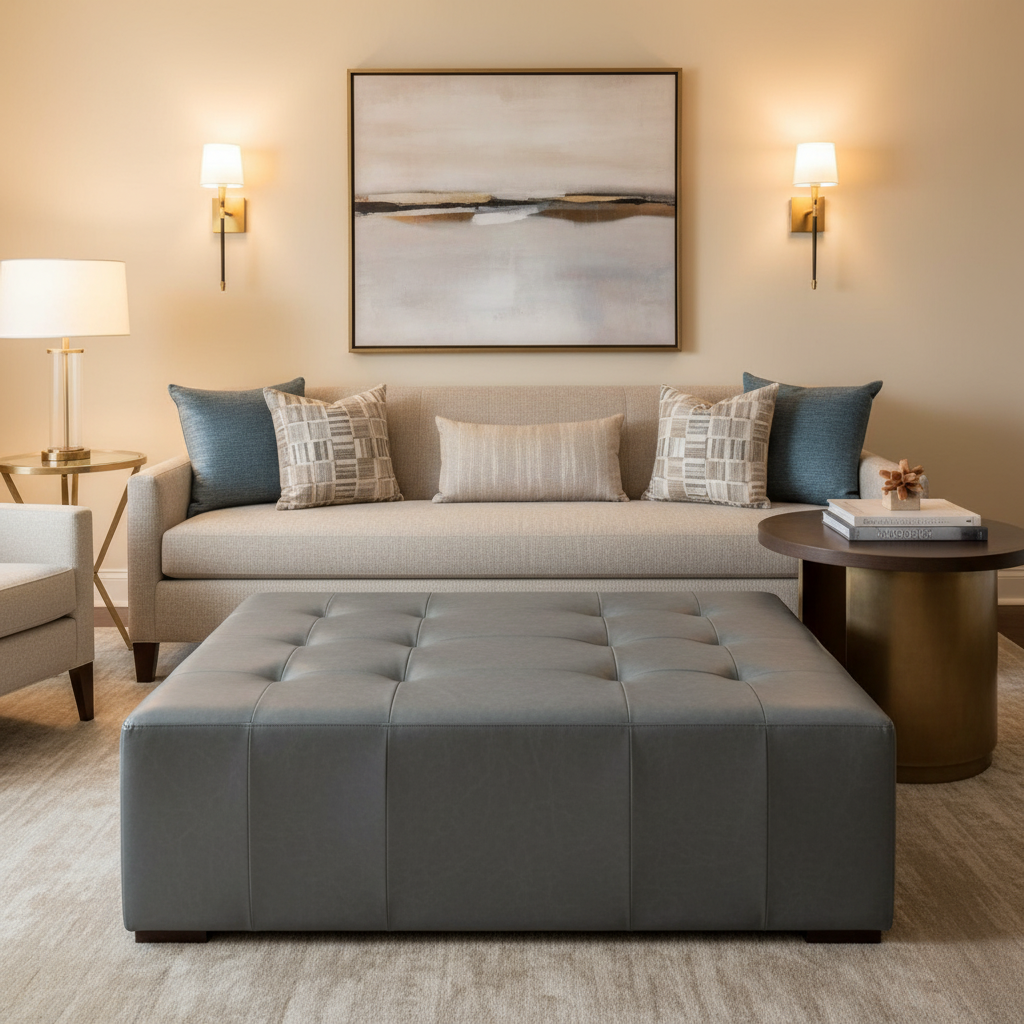 Smooth Pebble Grain Slate Gray Upholstered Ottoman | Architectural Fabrics