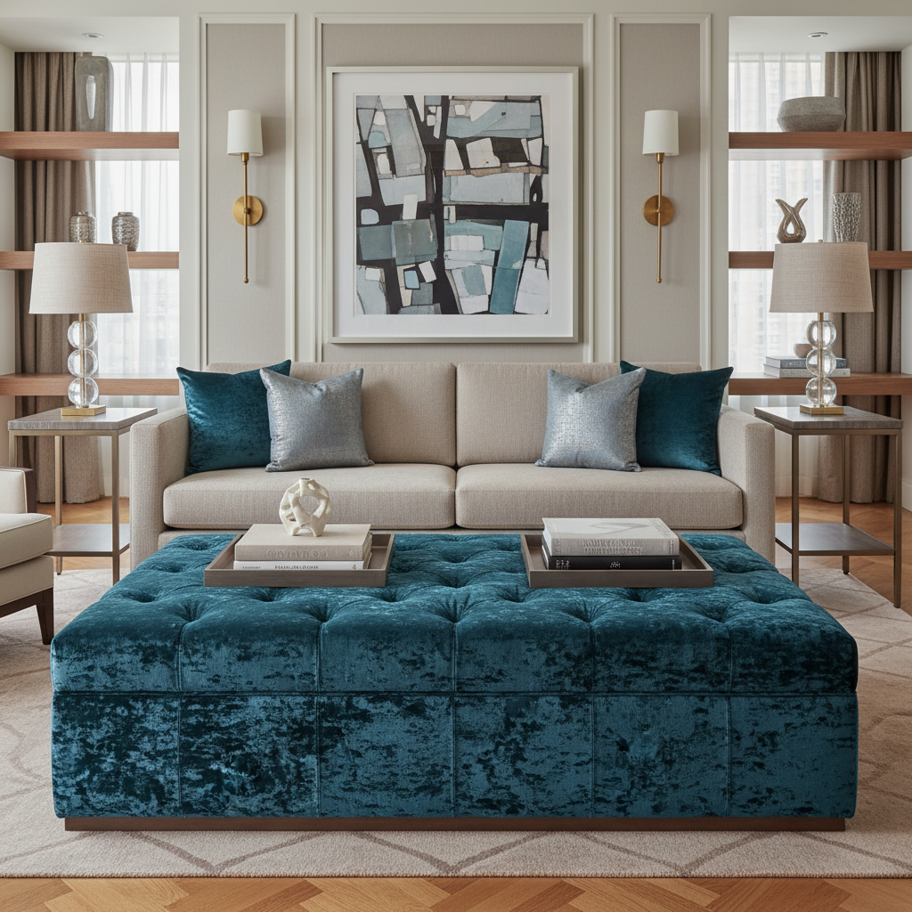 Crushed Velvet Texture Deep Teal Upholstered Ottoman | Architectural Fabrics