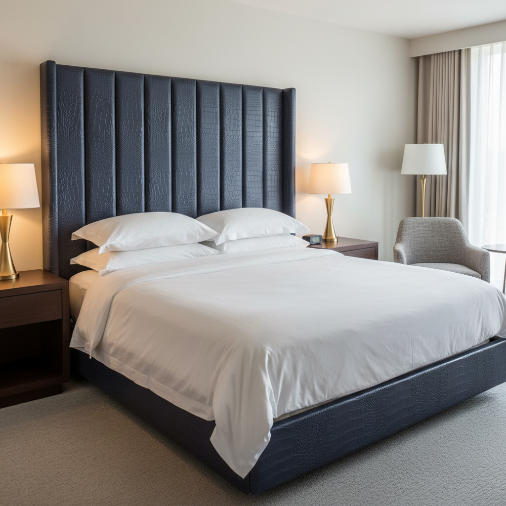 Embossed Reptile Scale Deep Indigo Upholstered Headboard | Architectural Fabrics