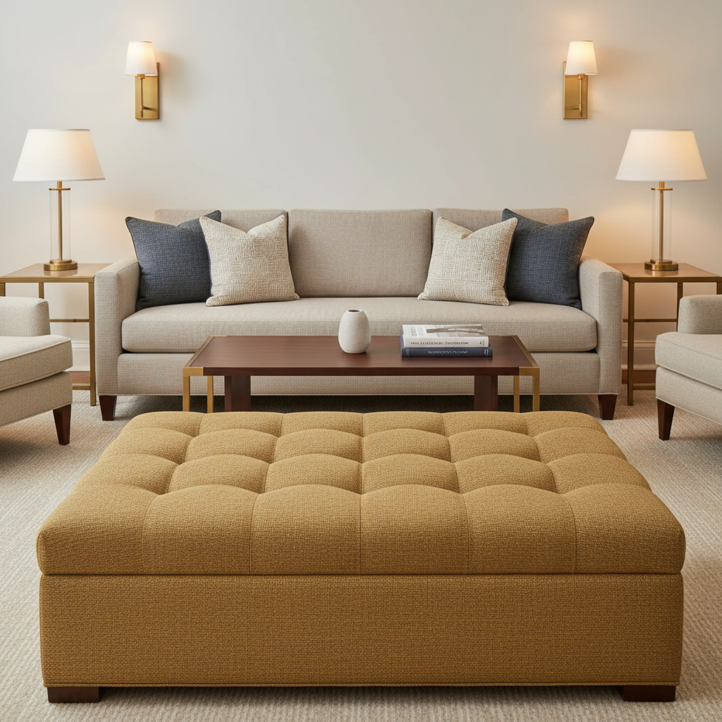 Woven Basketweave Texture Golden Wheat Upholstered Ottoman | Architectural Fabrics