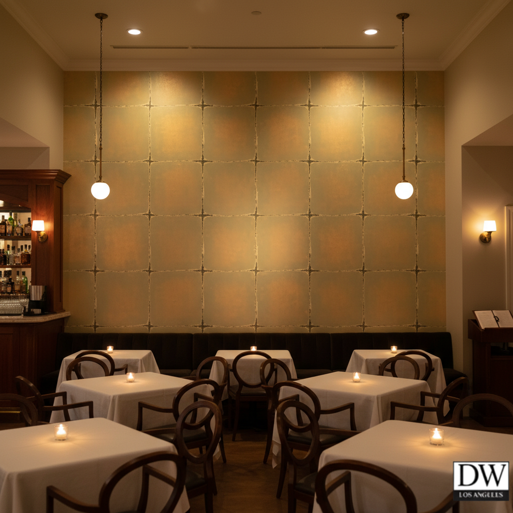 Moroccan Gold Shimmer Faux Tile | Hollywood Wallcoverings - Restaurant Dining commercial room setting