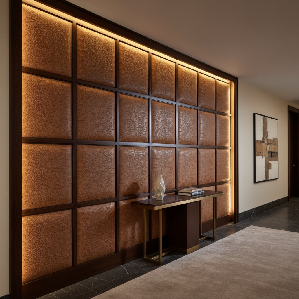 Embossed Reptile Scale Toffee Brown Upholstered Wall Panel | Architectural Fabrics