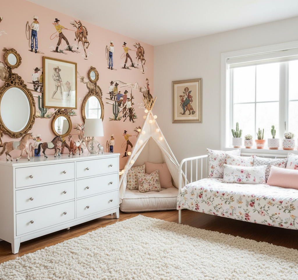 The Original Yeeha 1950's Cowboy -Blush Pink Mid-Century Modern | Architectural Wallcoverings - Girls Western Chic Bedroom Room Setting