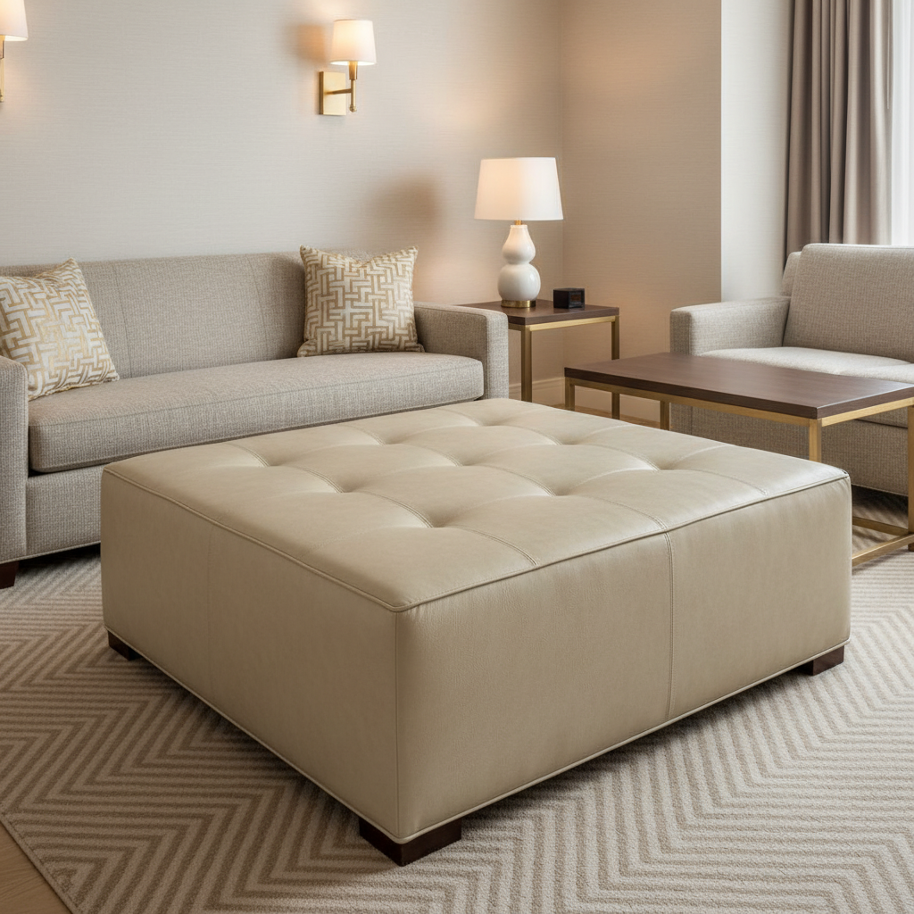 Arcadia - Sandstone Performance Vinyl Upholstered Ottoman | Architectural Fabrics