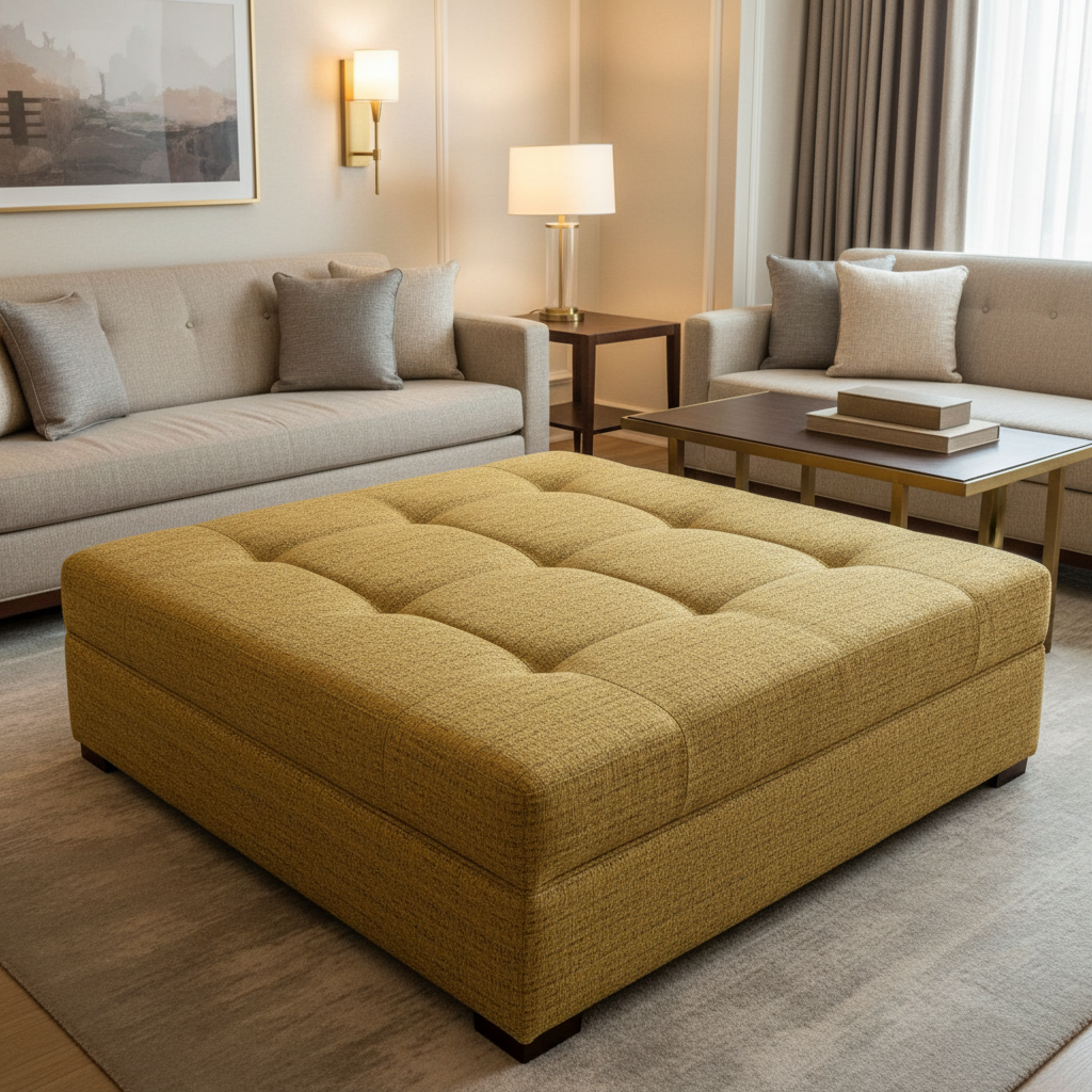 Woven Textured Vinyl Goldenrod Tweed Upholstered Ottoman | Architectural Fabrics