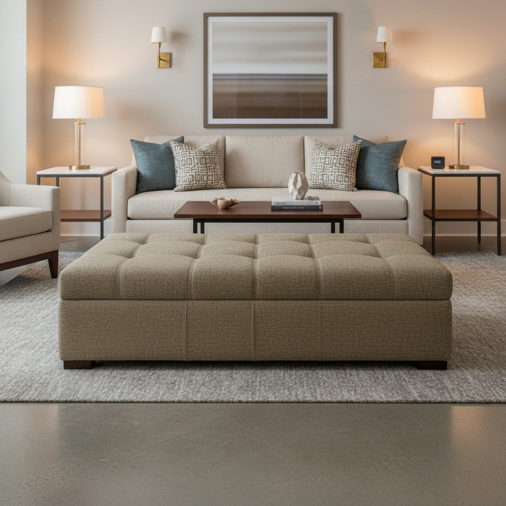 Fine Woven Texture Muted Taupe Upholstered Ottoman | Architectural Fabrics