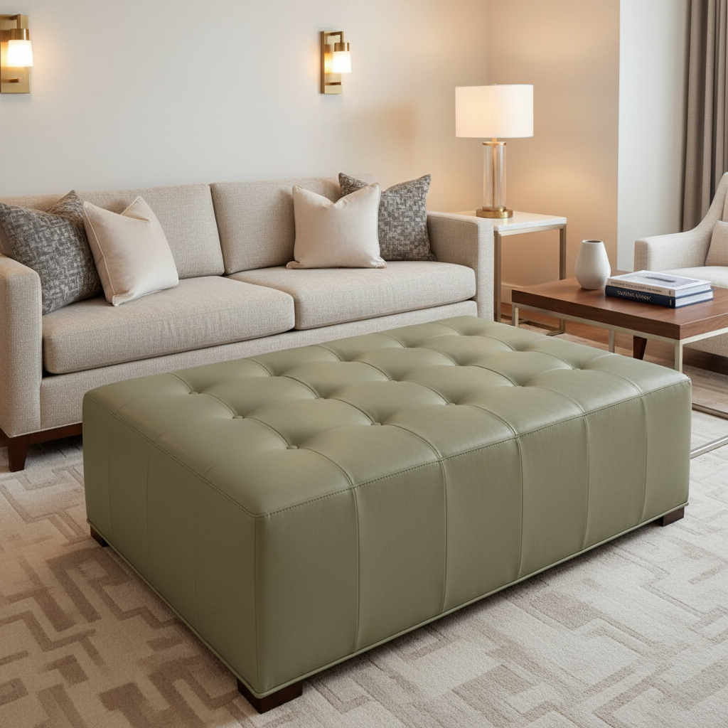 Smooth Pebble Grain Dusty Olive Upholstered Ottoman | Architectural Fabrics
