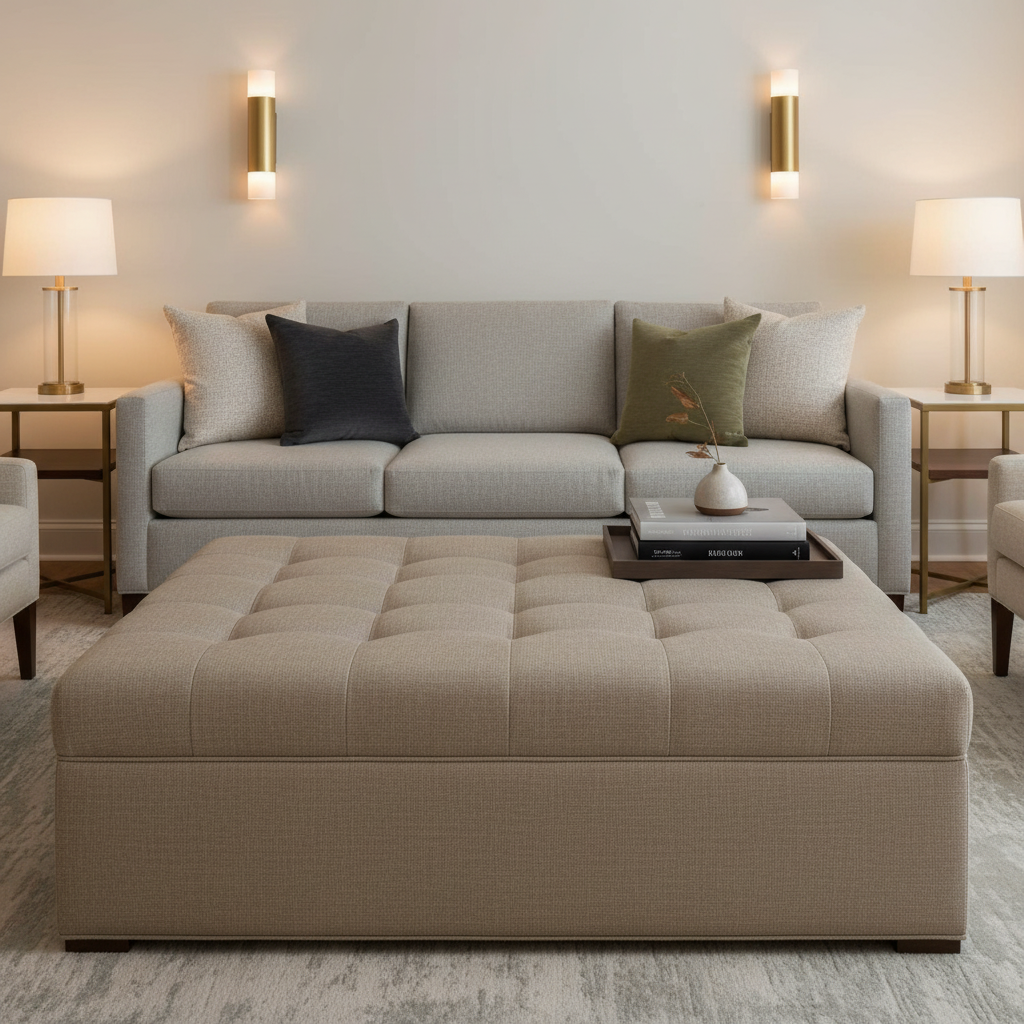 Subtle Woven Texture Soft Taupe Upholstered Ottoman | Architectural Fabrics