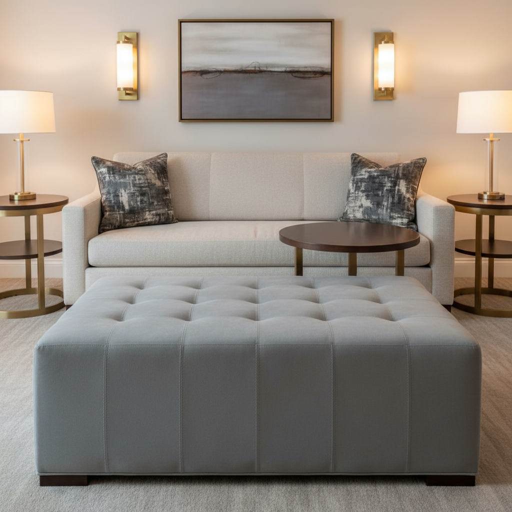 Ultrasuede  Pebble Grey Upholstered Ottoman | Ultrasuede Upholstery