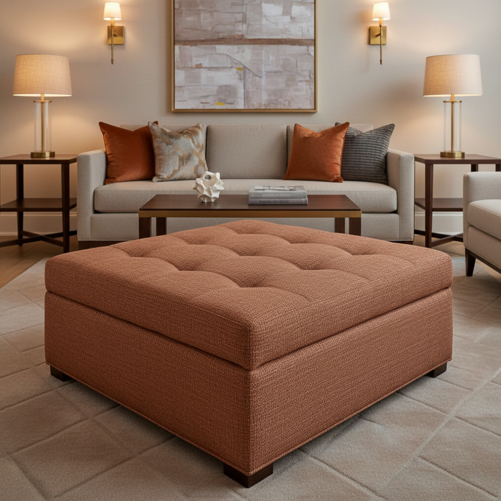 Abaca - Terracotta Weave Tekloom Performance Upholstered Ottoman | Architectural Fabrics