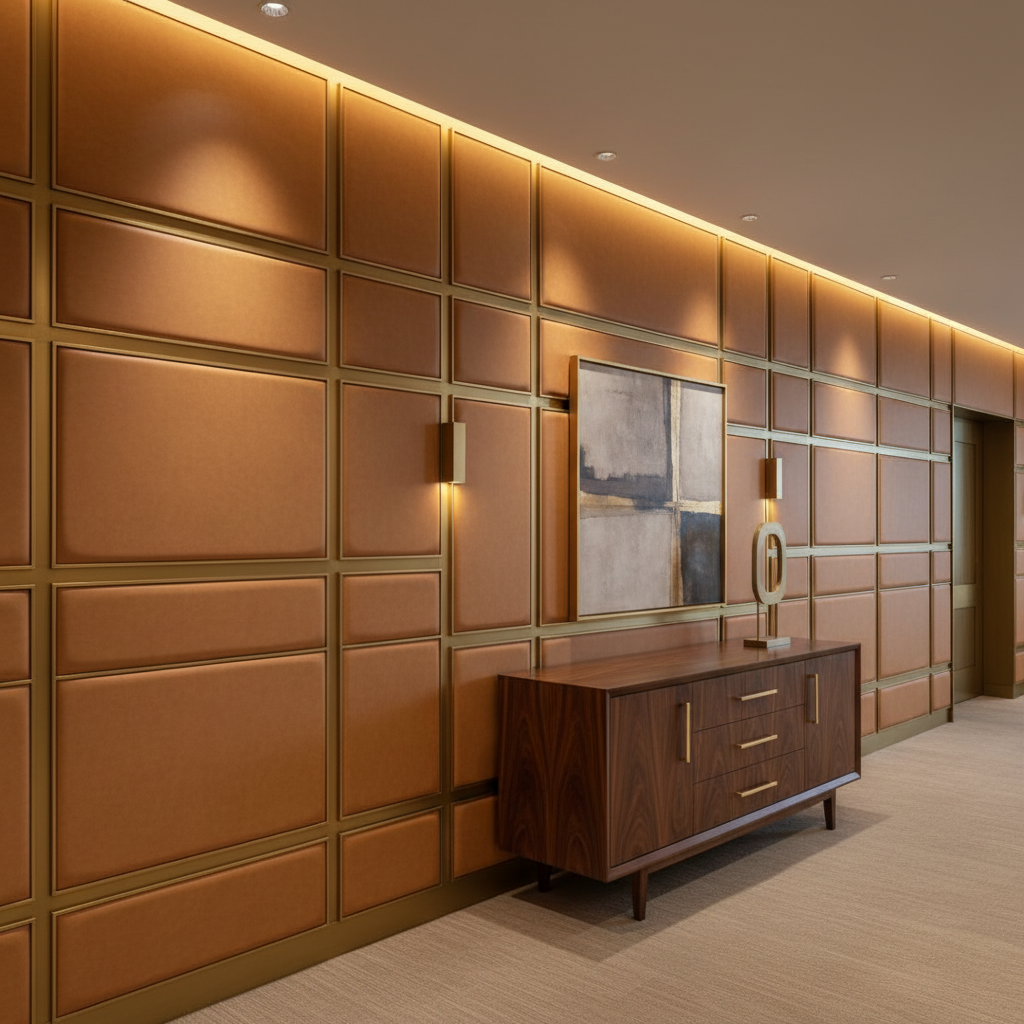 Smooth Leather Grain Caramel Tan Upholstered Wall Panel | Architectural Fabrics