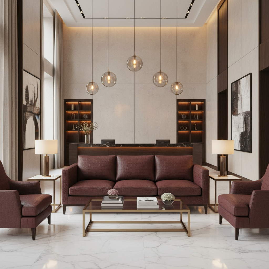 Embossed Crocodile Skin Deep Burgundy Upholstered Sofa | Architectural Fabrics