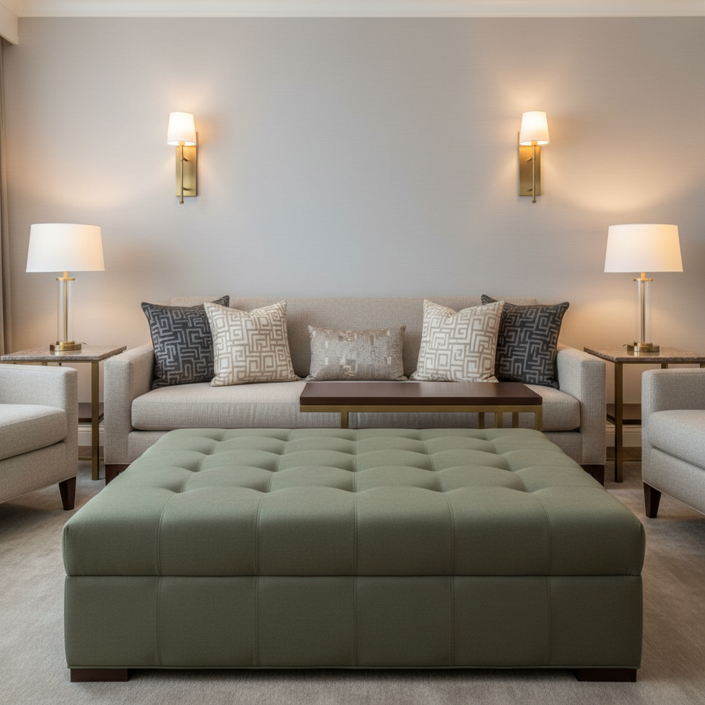 Subtle Textured Matte Soft Olive Upholstered Ottoman | Architectural Fabrics
