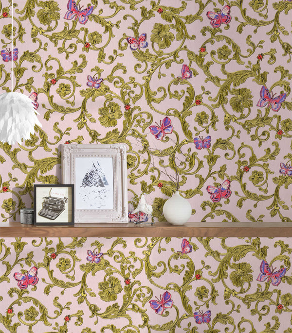 Butterflies & Flowers Metallic, Pink Wallcovering | Versace
