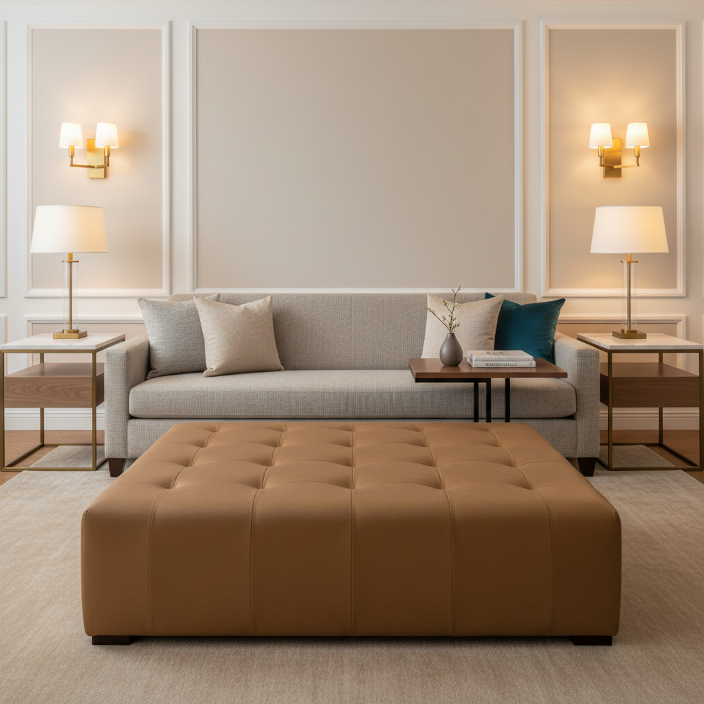 Smooth Matte Texture Caramel Brown Upholstered Ottoman | Architectural Fabrics