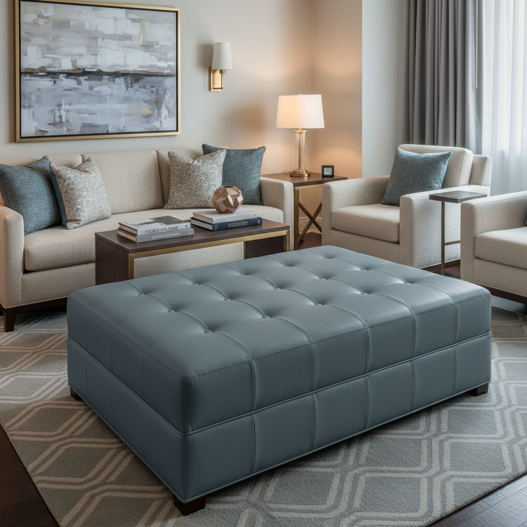 Smooth Solid Texture Slate Blue Upholstered Ottoman | Architectural Fabrics