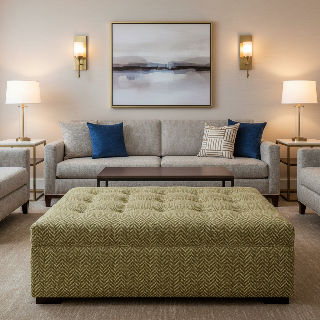 Woven Chevron Pattern Olive Gold Upholstered Ottoman | Architectural Fabrics