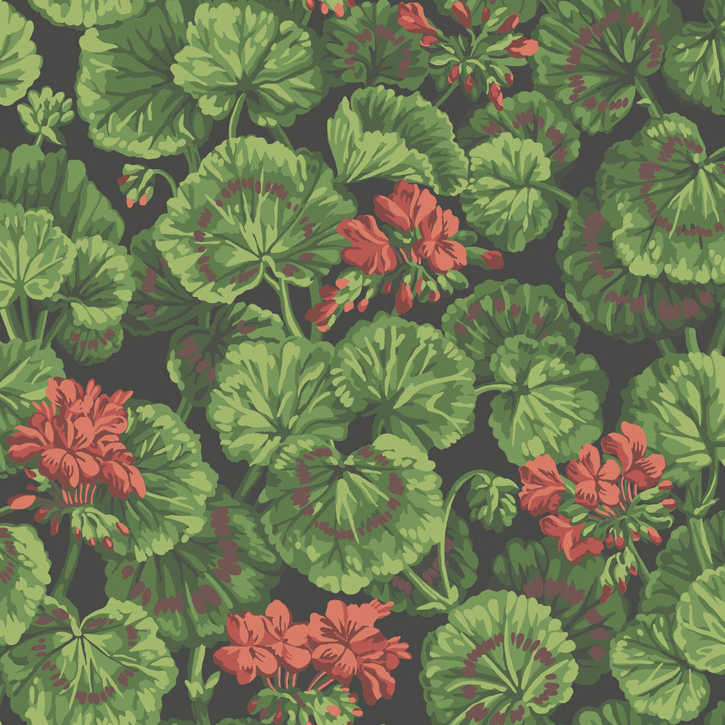 Geranium - Rouge & Leaf Greens On Black Red By Cole & Son | Cole & Son Seville |Botanical & Floral  Wallcovering Print