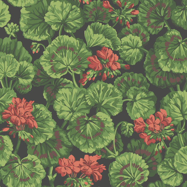 Geranium - Rouge & Leaf Greens On Black Red By Cole & Son | Cole & Son Seville |Botanical & Floral  Wallcovering Print