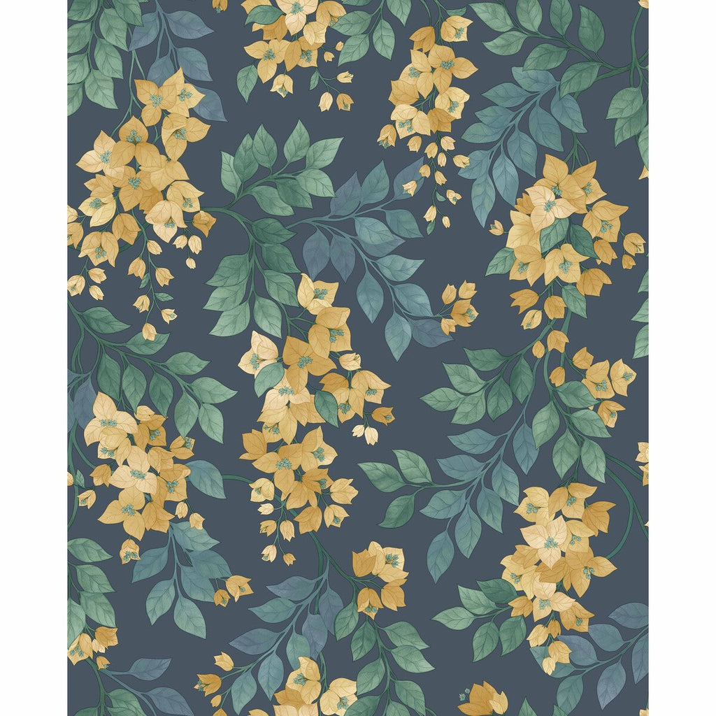 Bougainvillea - Ochre/Viridian/Petrol On Ink Yellow By Cole & Son | Cole & Son Seville |Botanical & Floral  Wallcovering Print