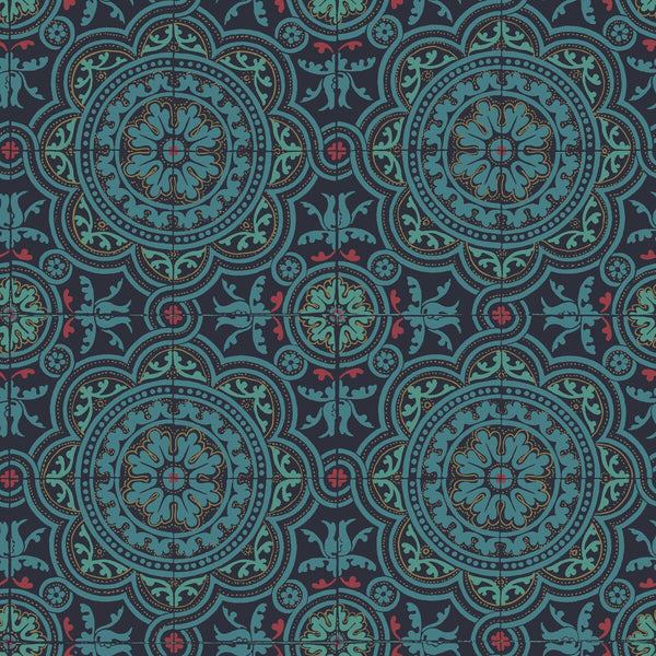 Piccadilly - Petrol/Red/Metallic Gold On Ink Teal | Cole & Son