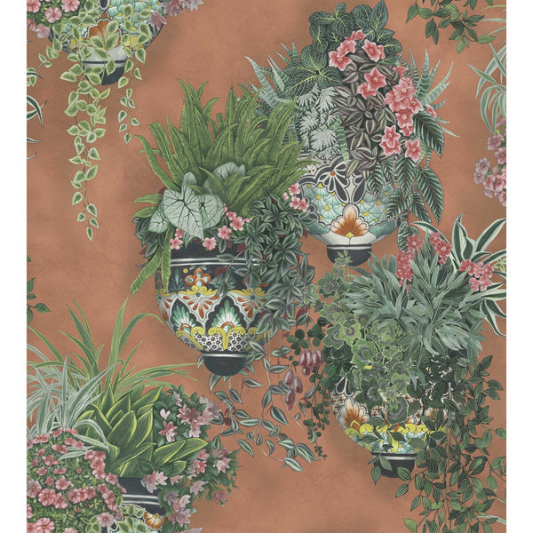 Talavera - Rose & Spring Green On Terracotta Rust By Cole & Son | Cole & Son Seville |Botanical & Floral Novelty Wallcovering Print