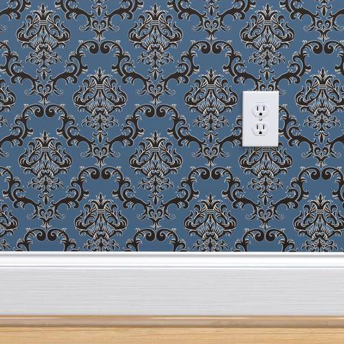 Lounge Lizard Damask Blue Traditional Wallpaper