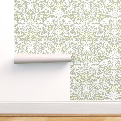 Itan Italian Damask Green, White Traditional Wallpaper
