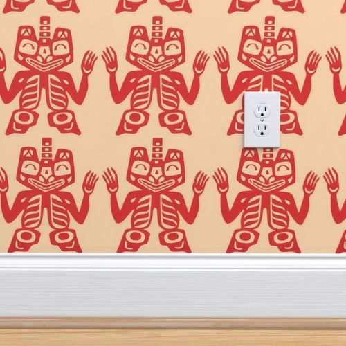 Tiki Wiki Lounge Red, Cream Traditional Wallpaper