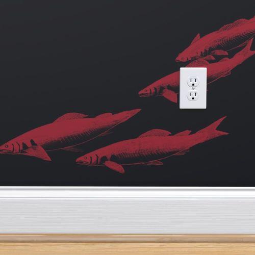 Chiba Bay Black, Red Traditional Wallpaper