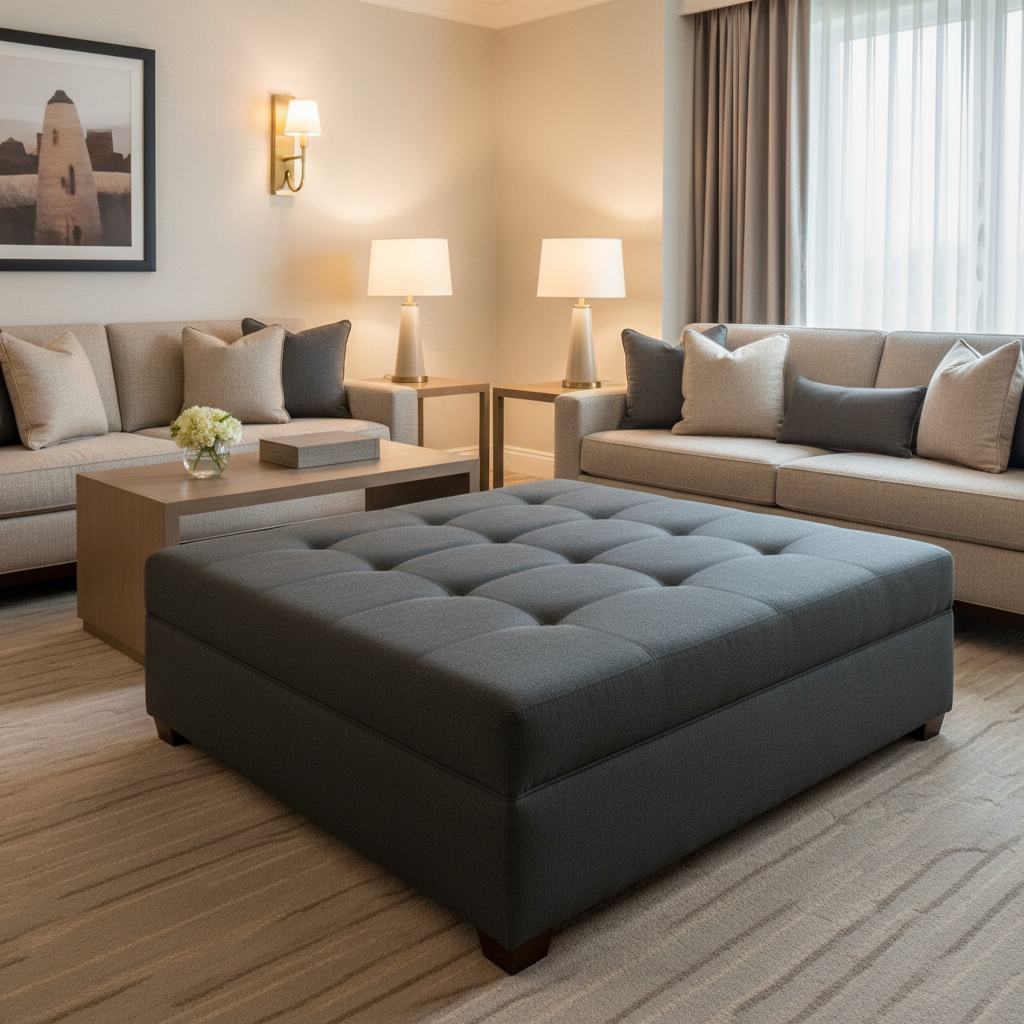 Fine Grain Texture Deep Charcoal Upholstered Ottoman | Architectural Fabrics