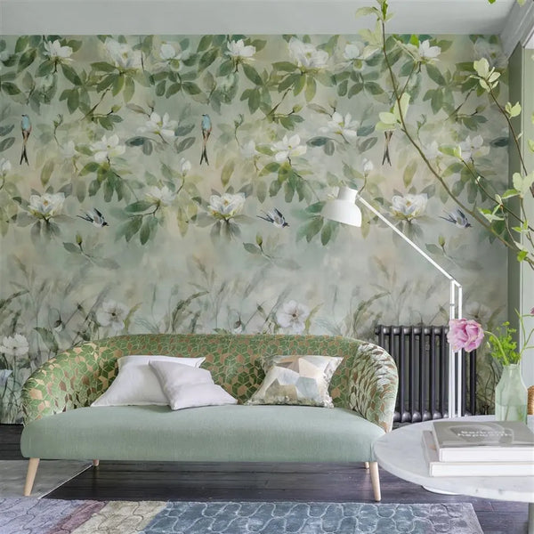 Kiyosumi Watercolor Botanical Panel  Celadon Wallpaper | Designers Guild Europe