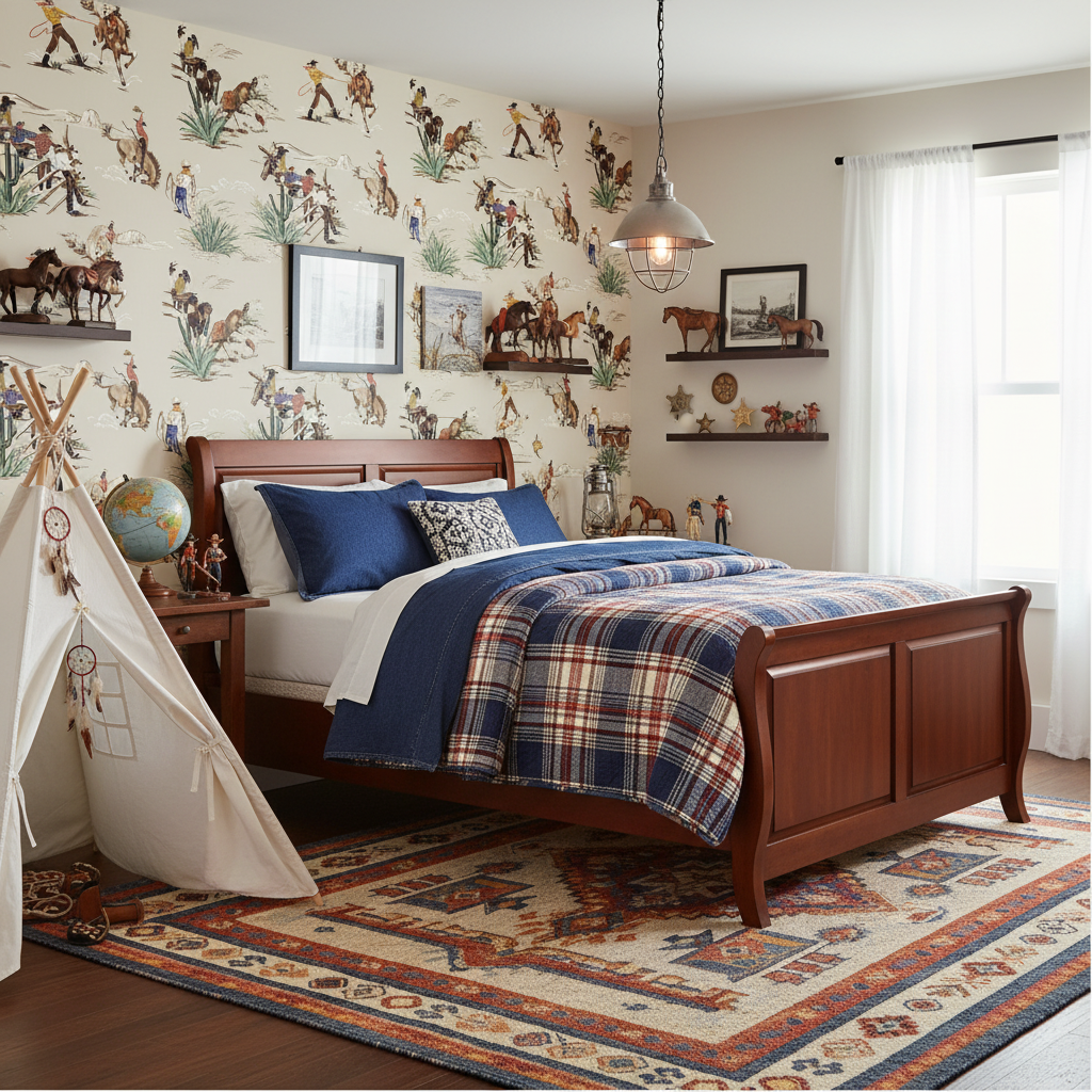 The Original Yeeha 1950's Cowboy Organic Cotton Sateen Fabric - Cream Fabric Mid-Century Modern | Architectural Wallcoverings - Boys Adventure Bedroom Room Setting