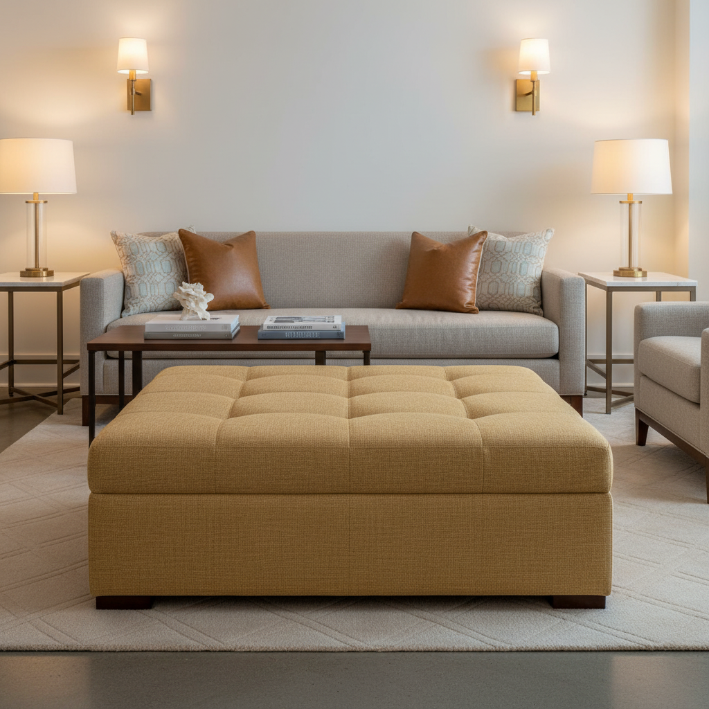 Brushed Linen Weave Golden Wheat Upholstered Ottoman | Architectural Fabrics