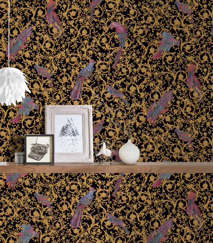 Paradise Birds Gold, Black, Yellow Wallcovering | Versace
