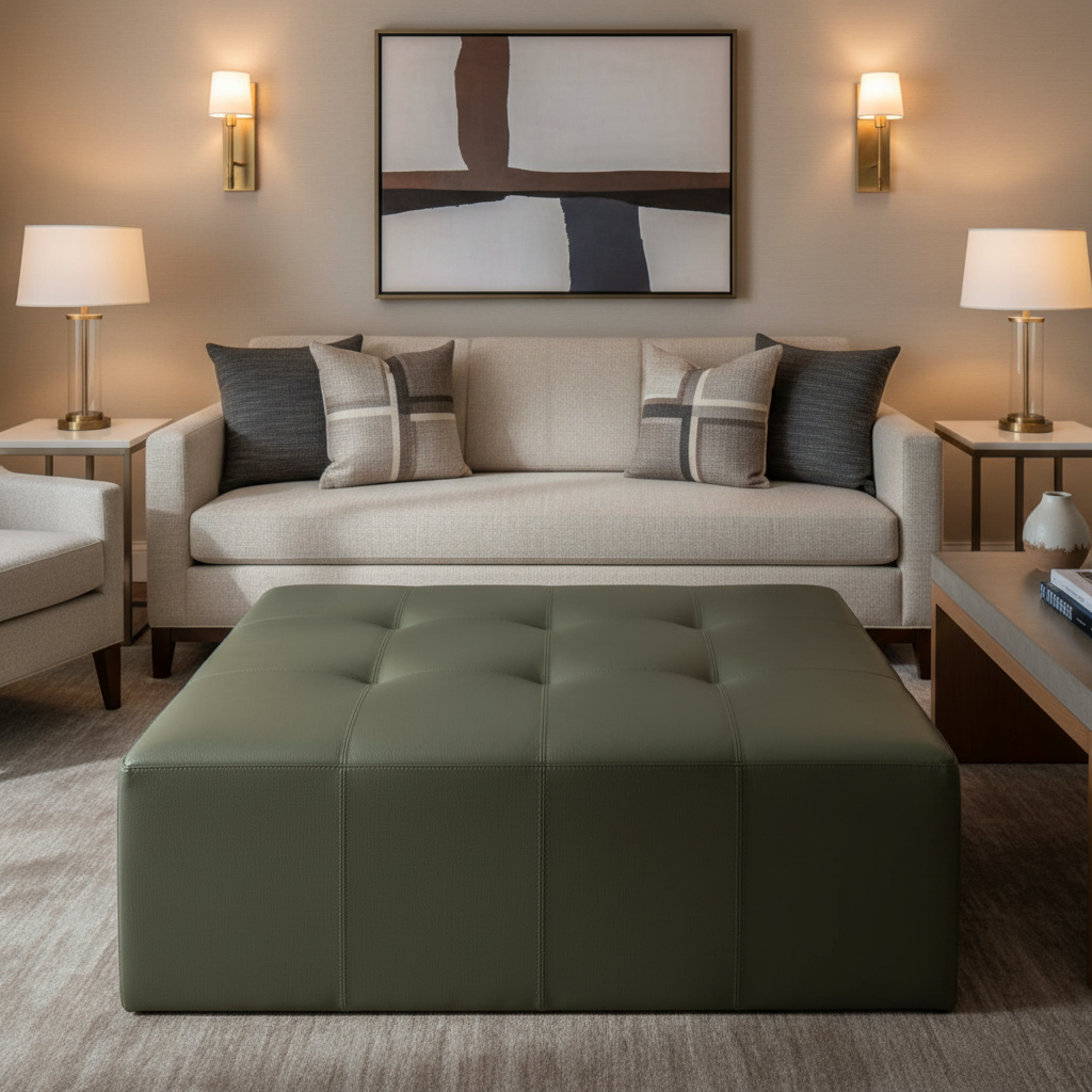 Smooth Pebble Grain Deep Olive Upholstered Ottoman | Architectural Fabrics