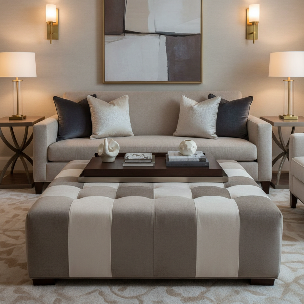 Marshall Taupe / Ivory Contemporary gray & off-white Upholstered Ottoman | Architectural Fabrics