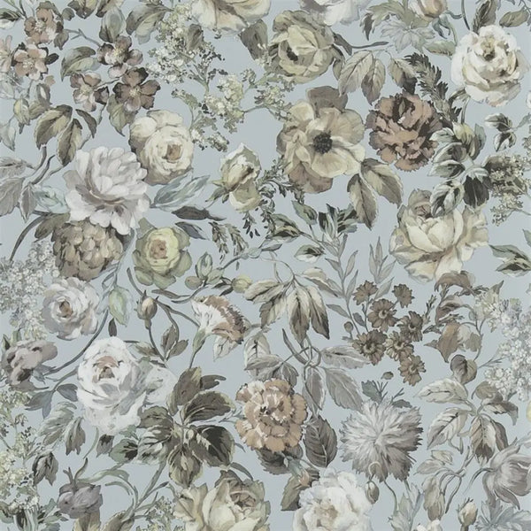 Mansur Small Scale Floral Light Blue Green Wallpaper | Designers Guild Europe