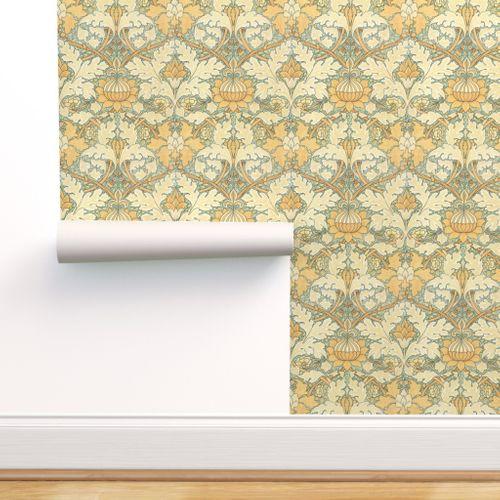 Saint James Growing Damask Green, Cream DW Wallpaper