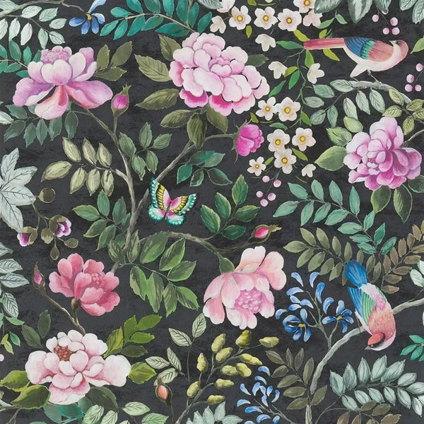 Porcelaine de Chine Flora Birds 02 Noir Wallpaper | Designers Guild Europe